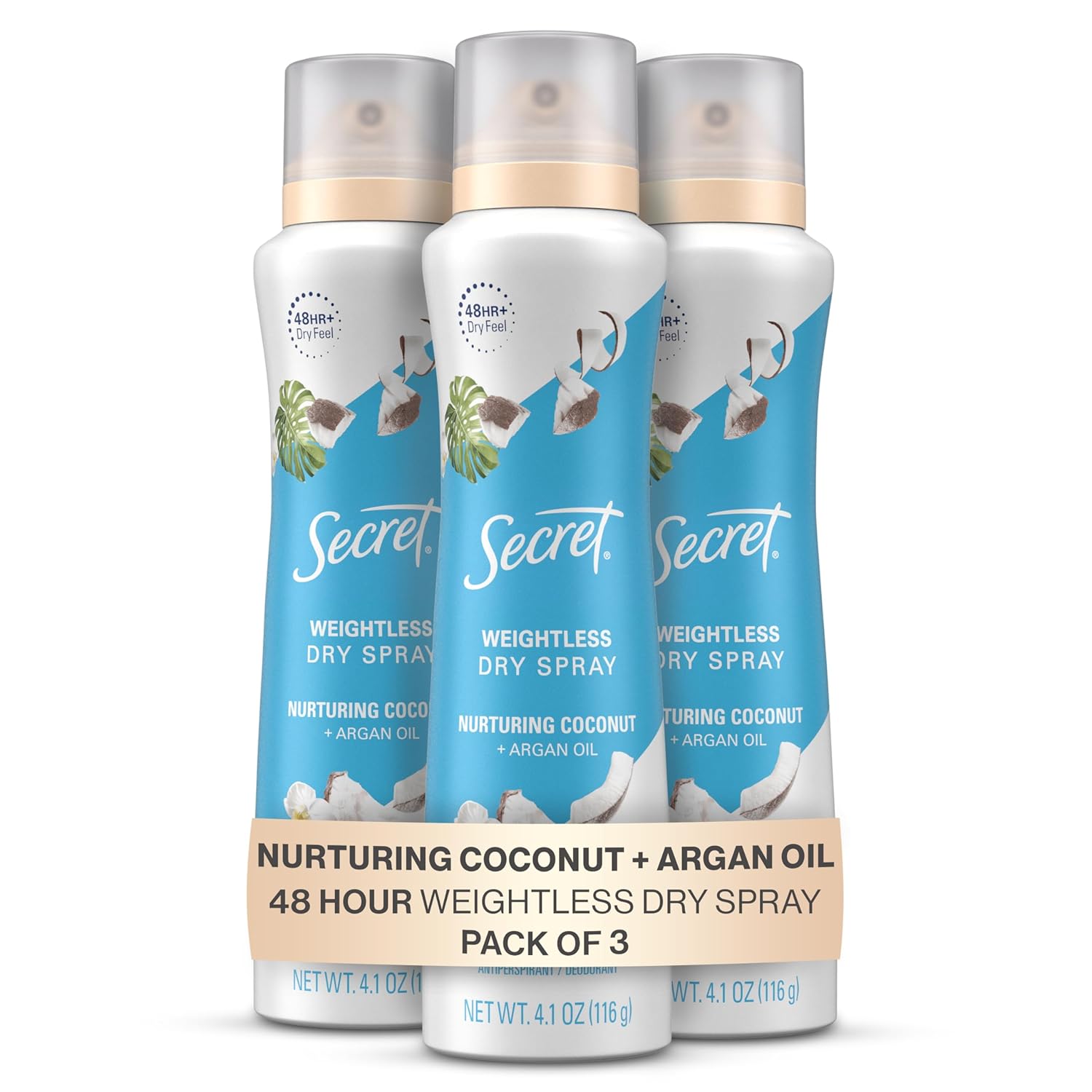 Secret Dry Spray Antiperspirant Deodorant, Nurturing Coconut And Argan Oil, 4.1 Oz (Pack Of 3)