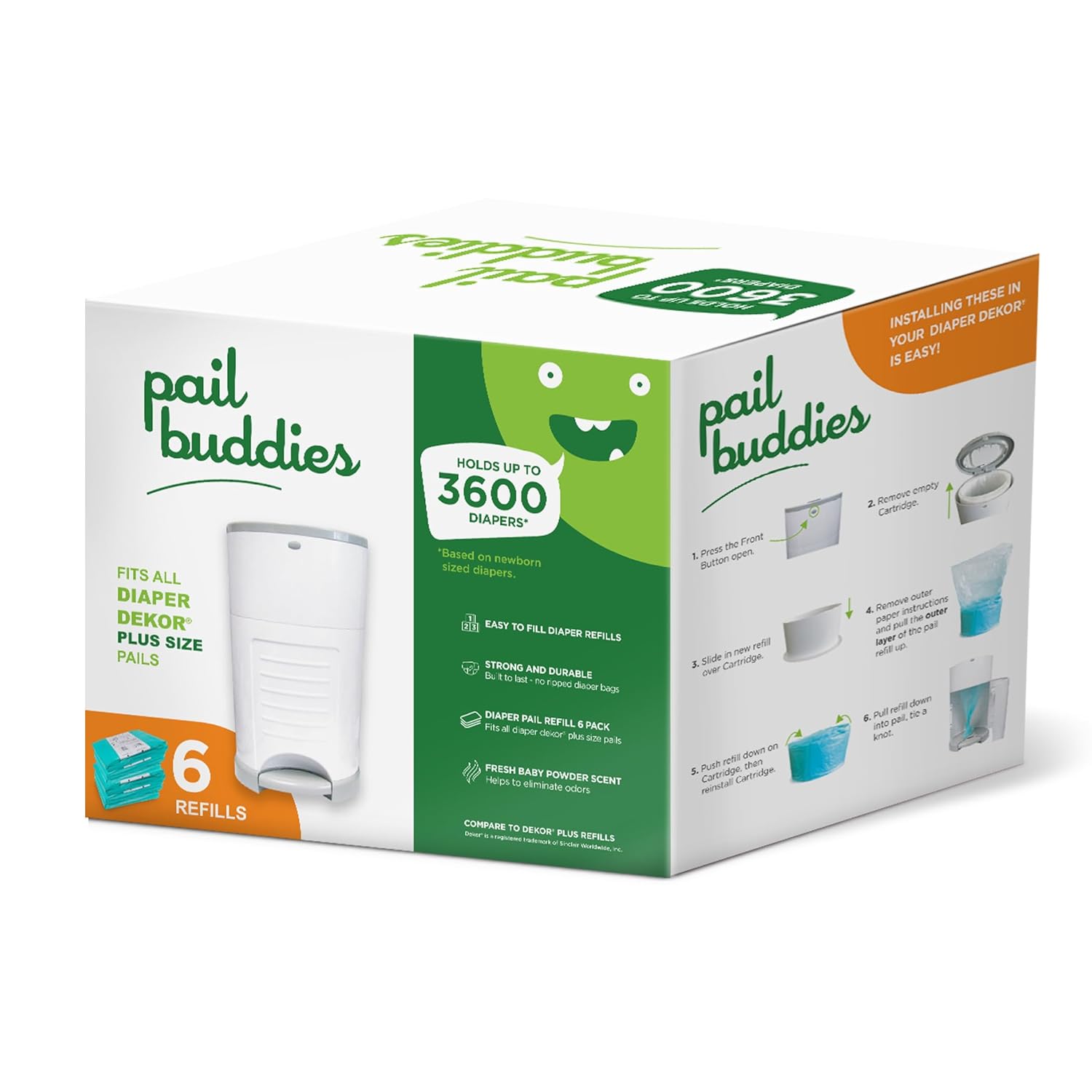 Pail Buddies Diaper Pail Refills | 6 Count | Compatible With Dekor Plus Diaper Pail | Strong, Durable Diaper Pail Refills With Fresh, Baby Powder Scent