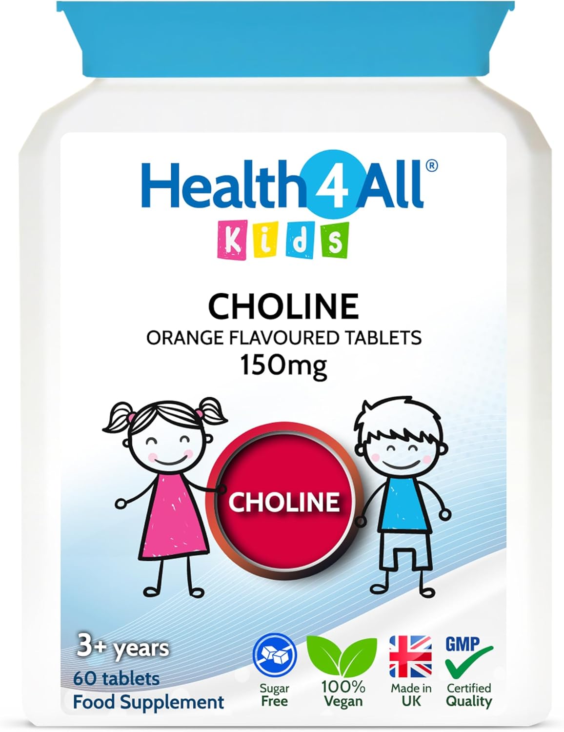 Health4All Kids Choline 150Mg Chewable 60 Tablets Vegan Children'S Supplement To Support Memory And Learning