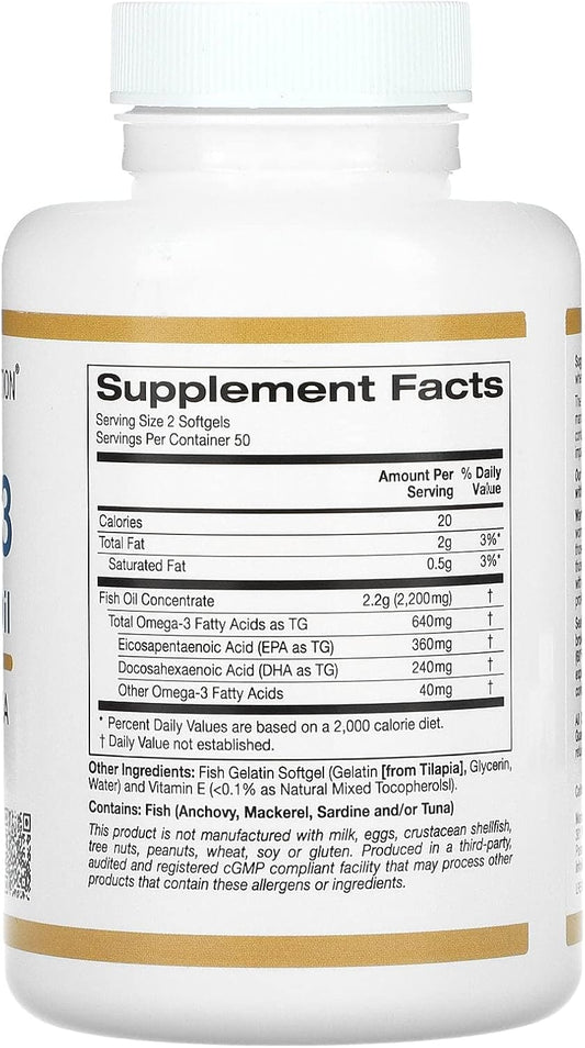 Omega-3 Premium Fish Oil By California Gold Nutrition, Concentrated Formula With Epa & Dha, Support For Optimal Lipid Profile & Immune System, Gluten Free, Non-Gmo, 100 Fish Gelatin Softgels - 2 Pack