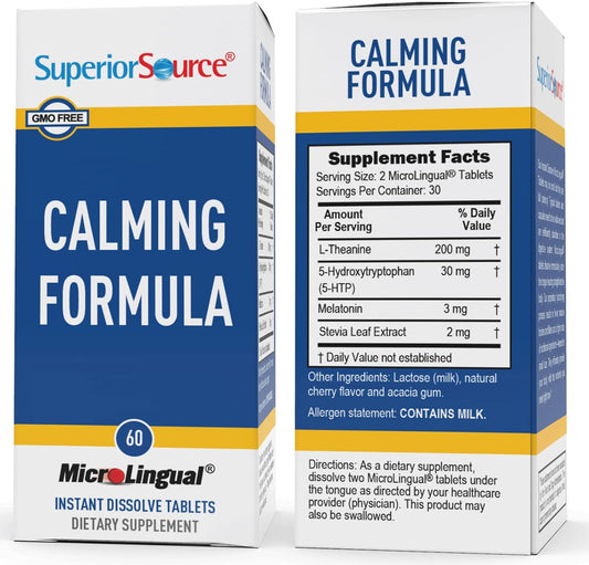 Superior Source Calming Formula, L-Theanine, Melatonin, Under The Tongue Quick Dissolve MicroLingual Tablets, 60 Ct, 5-HTP for Enhanced Serotonin Conversion, Positive Mood and Sleep Support, Non-GMO