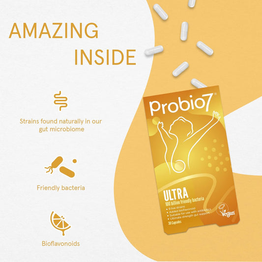 Probio 7 Ultra | 9 Live Strains | 100 Billion Cfu, Saccharomyces Boulardii & Bioflavanoid | Gut Health Supplements, Probiotics For Gut Health, 30 Vegan Capsules (1 Month Supply)