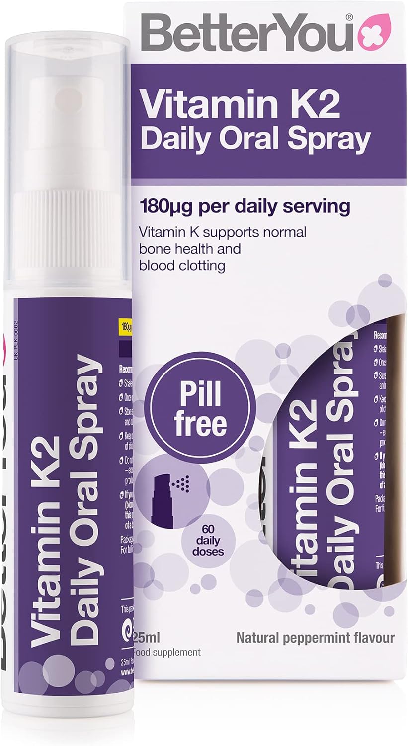 Betteryou Vitamin K2 Daily Oral Spray, Pill-Free K2 Supplement, Supports Normal Bone Health And Blood Clotting, 2-Month Supply, Made In The Uk, Natural Peppermint Flavour