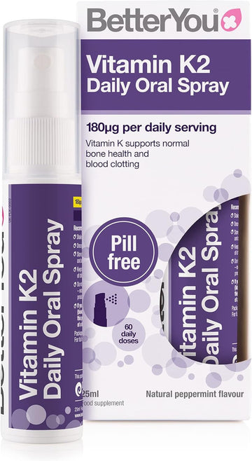 Betteryou Vitamin K2 Daily Oral Spray, Pill-Free K2 Supplement, Supports Normal Bone Health And Blood Clotting, 2-Month Supply, Made In The Uk, Natural Peppermint Flavour