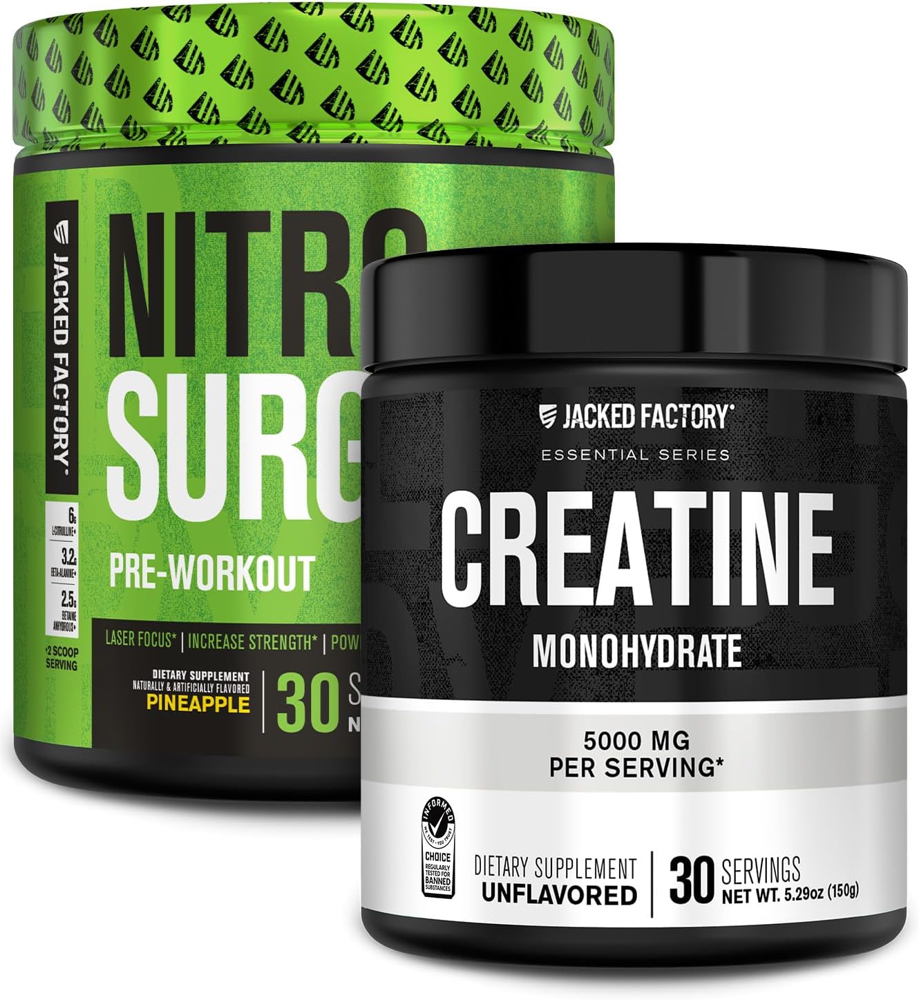 Jacked Factory Nitrosurge Pre Workout Supplement (Pineapple, 30 Servings) & Creatine Monohydrate Powder (Unflavored, 30 Servings)