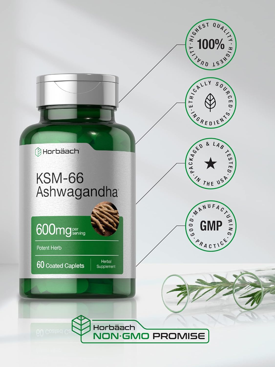 Horbaach KSM-66 Ashwagandha 600mg | 60 Caplets | with L-Theanine | Vegan, Non-GMO, Gluten Free Root Extract : Health & Household