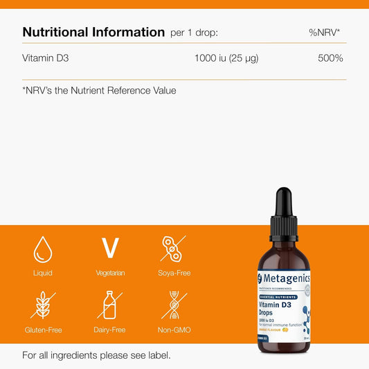 Metagenics Vitamin D3 Liquid Drops - 1000Iu Vitamin D For Healthy Immune System, Bones, Muscles & Teeth - Orange, 30Ml