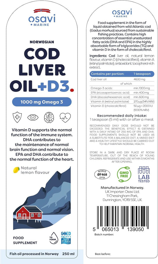 Osavi Norwegian Cod Liver Oil + D3, 1000 mg Omega 3, Lemon – 250 ml | High in DHA & EPA for Brain, Heart & Vision Health | Supports Immune System Function | Sustainably Sourced from Wild Atlantic Cod : Amazon.co.uk: Health & Personal Care