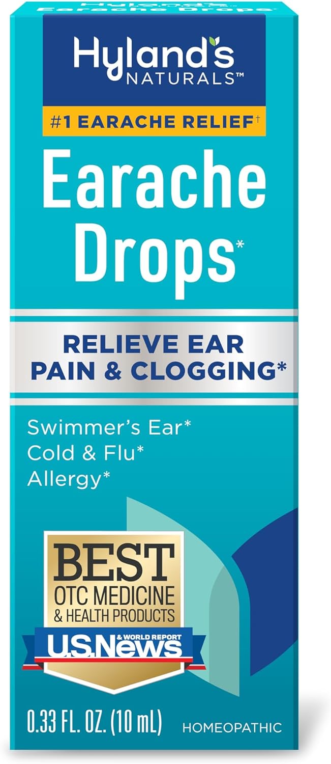 Hyland's Naturals Earache Drops, Natural Relief of Swimmer's Ear, Cold & Flu, Allergy Symptoms, Ages 4 & up, Day & Night, 0.33 Fl Oz