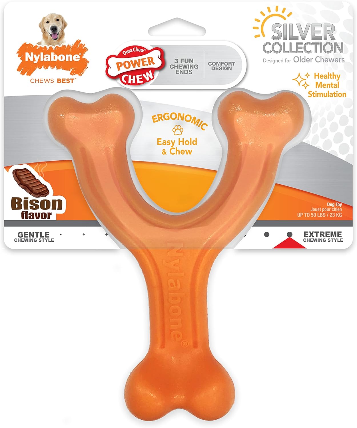 Nylabone Senior Power Chew Wishbone, Bison, Large/Giant - Up To 50 Lbs., Orange