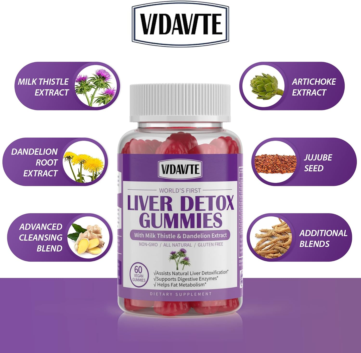 VIDAVITE Liver Cleanse Detox & Repair Gummies — 1500mg Silymarin Milk Thistle Supplement with Artichoke Extract Liver Health Formula, and 20+ More Liver Detoxifiers for Men & Women (60 Vegan Gummies) : Health & Household