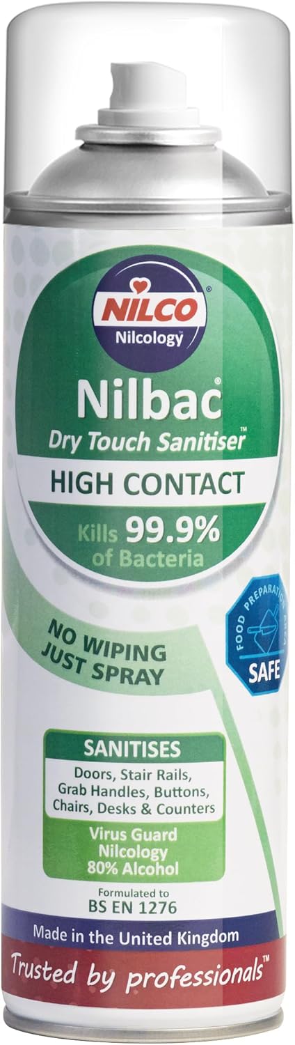 Nilco Nilbac ‘Dry Touch Sanitiser’ 500Ml High Contact Frequent Use Aerosol With Virus Guard Nilcology No Wiping Just Spray Kills 99.9% Of Bacteria