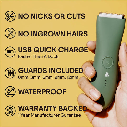 Meridian Body Hair Trimmer For Men, Bikini Trimmer For Women, Ball Trimmer Men, Pubic Hair, No Nick, No Cut, No Razor Burn, Groin And Body Shaver - Waterproof & Rechargeable Body Groomer - Sage