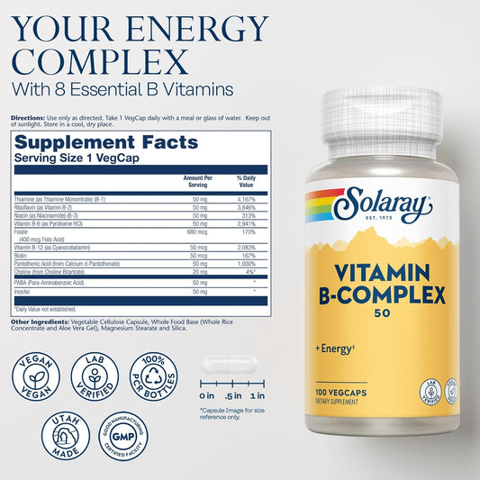 Solaray Vitamin B Complex 50 Mg - Cellular Energy Vitamins - Metabolism And Nerve Health Support With Vitamin B12, Vitamin B1, B6, Niacin, Folic Acid, Biotin And Other B Vitamins - Vegan, 100 Vegcaps