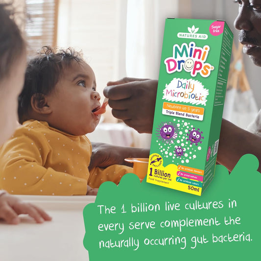 Natures Aid Mini Drops Daily Microbiotic 50Ml Liquid Drops – Gentle Gut Bacteria Support For Babies & Toddlers 0-5 Years, 1 Billion Cfu Live Cultures Per Serving - Sugar-Free, Gluten-Free, Dairy-Free