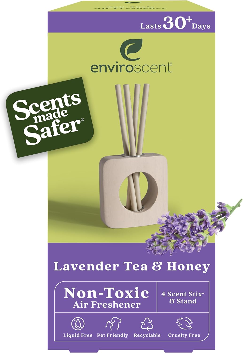 Enviroscent Non-Toxic Air Freshener for Home (Lavender Tea & Honey) Essential Oil Diffuser | Air Freshener | Home Fragrance Last Over 30 Days | 1 Mango Wood Stand & 1 Scent Stix Refill