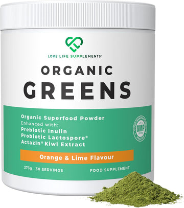 Organic Greens Superfood Powder, Prebiotics & Probiotics, Pea Protein & Actazin Kiwi Extract For Gut Health, High Dose Green Vegetables, Orange And Lime Flavour, 273G - 30 Servings