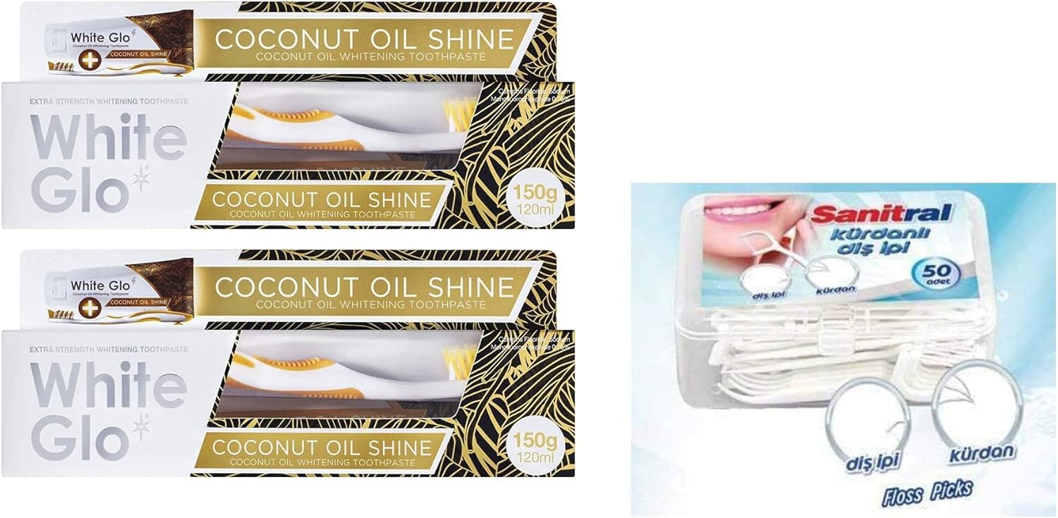 White Glo Coconut Toothpaste 150G (Pack Of 2) With Sanitral 50 Pcs Dental Floss Stick