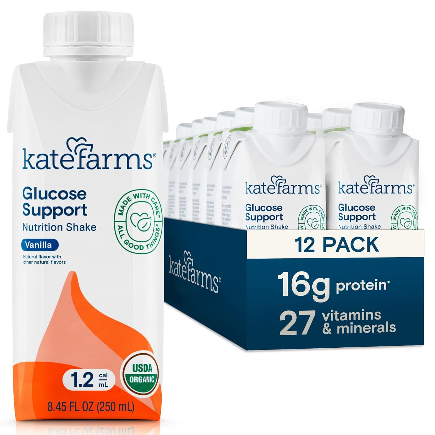 KATE FARMS Organic Plant Based 1.2 Glucose Support Shake, Vanilla, 16g Protein, 27 Vitamins and Minerals, Diabetic Nutrition Meal Replacement, Gluten Free and Non-GMO, 8.45 oz (12 Pack)