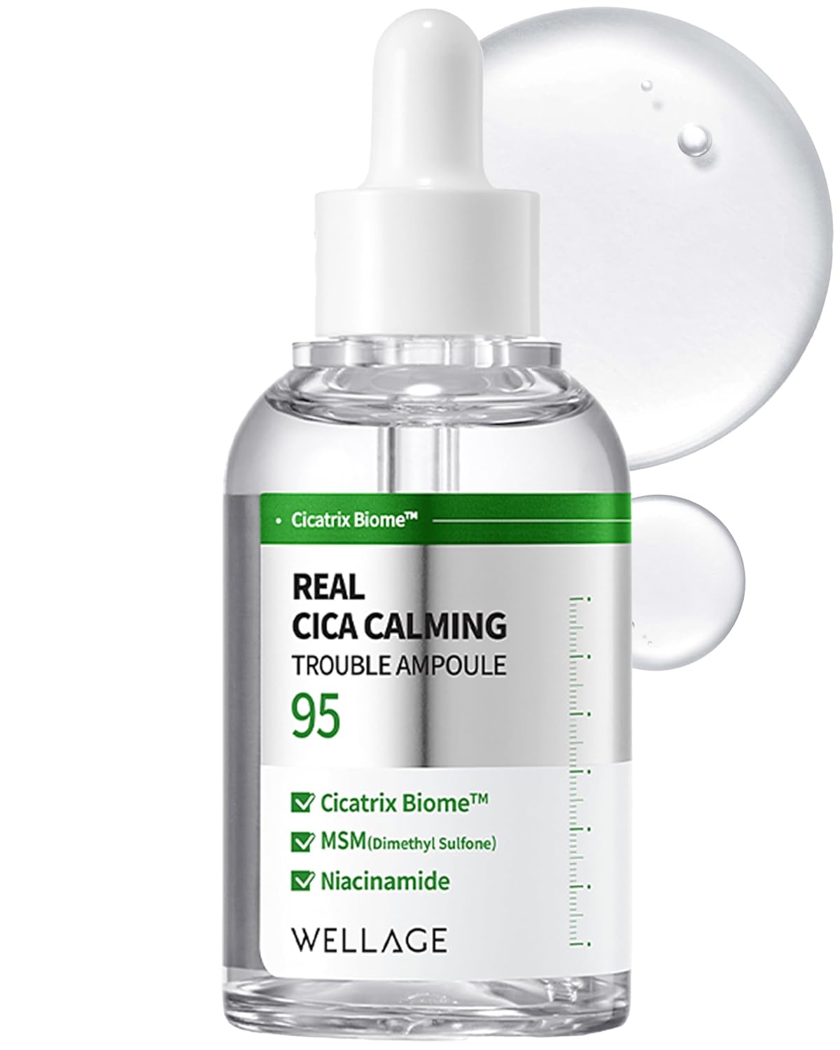 Wellage Real Cica Calming Trouble Ampoule - Korean Soothing Serum 95% Madecassoside, Rapid Soothing, Redness Relief, Sebum Control, Improves Freckles And Blemishes, For Acne-Prone Skin, 1.69 Fl.Oz