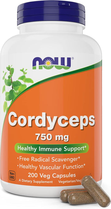 NOW Foods Cordyceps 750mg 200 Veg Caps - Organic Cordycep Sinensis Mycelium Mushroom Powder - in Non-Organic Capsules - Vegan, Non-GMO