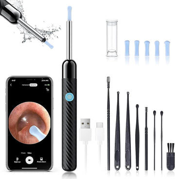 Ear Wax Removal - Earwax Remover Tool With 8 Pcs Ear Set - Ear Cleaner With Camera - Earwax Removal Kit With Light - Ear Camera With 6 Ear Spoon - Ear Cleaner For Ios & Android (Black)