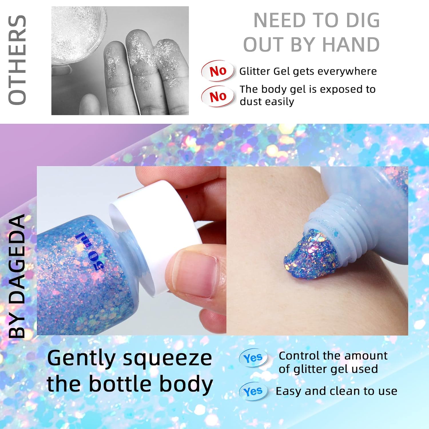 Dageda Body Glitter Gel, Face Glitters Body Gel Sequins Shimmer Liquid Eyeshadow, Chunky Glitter For Face Hair Nails, Holographic Cosmetic Laser Powder Festival Glitter Makeup 1.7Oz (Mermaid) : Beauty & Personal Care