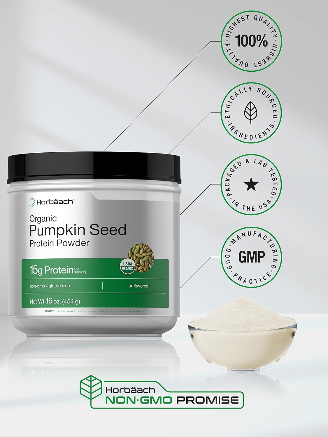 Horbäach Pumpkin Seed Protein Powder Organic | 16 oz | Vegetarian, Gluten Free, and Non-GMO Formula | Keto and Paleo Supplement | 15g of Protein Per Serving : Health & Household