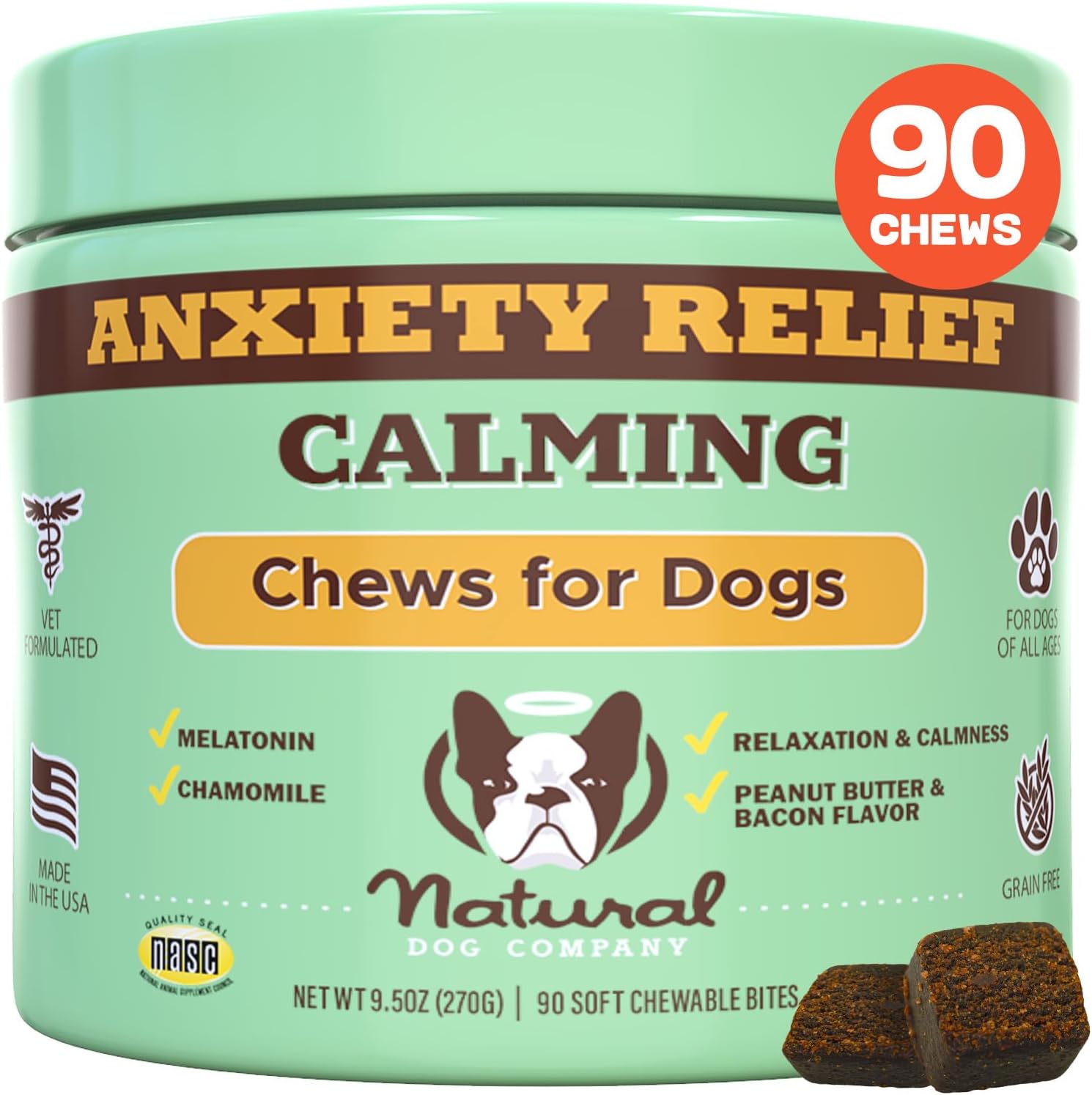 Natural Dog Company Calming Supplements, Peanut Butter & Bacon Flavor, 90 Chews