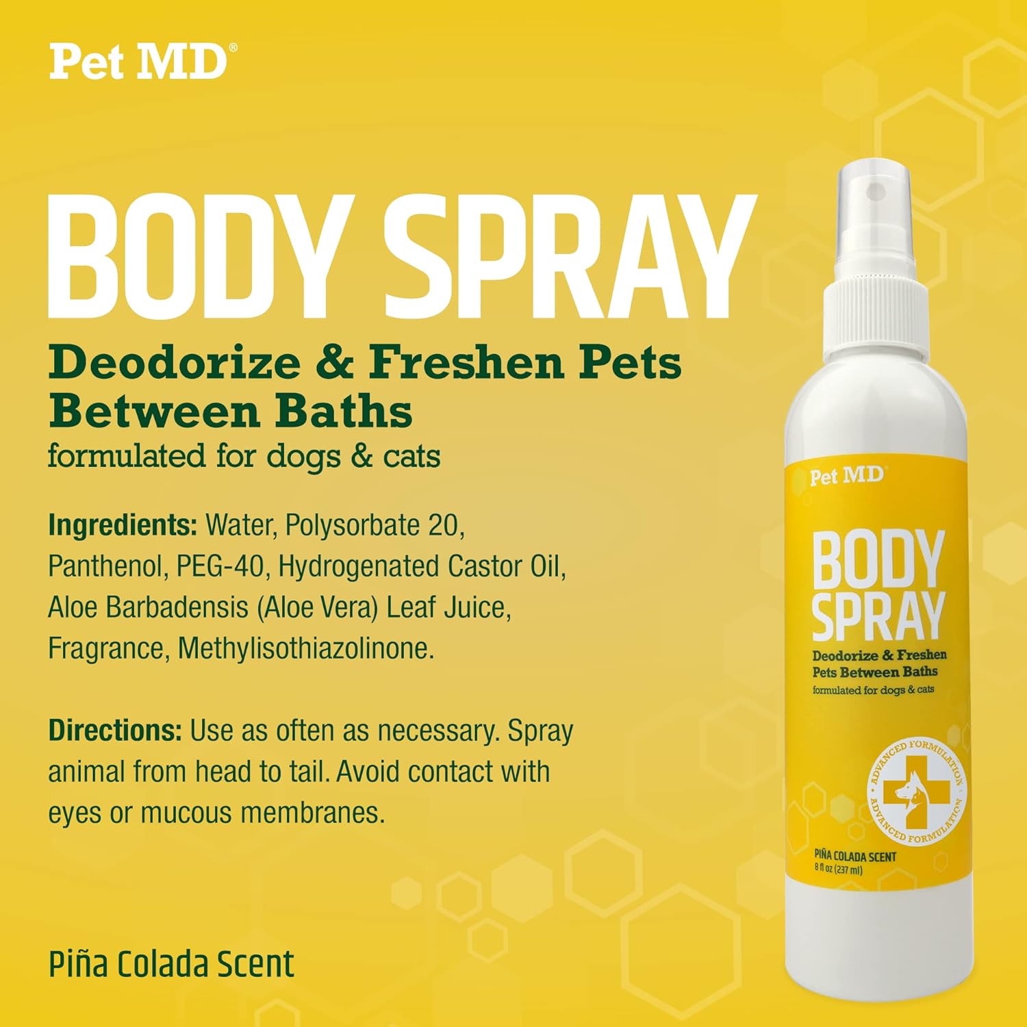 Pet MD Body Spray for Dogs & Cats - Deodorizing Dog Perfume Reduces Static & Eliminates Odor - Long Lasting Pet Cologne Spray for Dogs - Pina Colada Scent - 8 oz : Pet Supplies