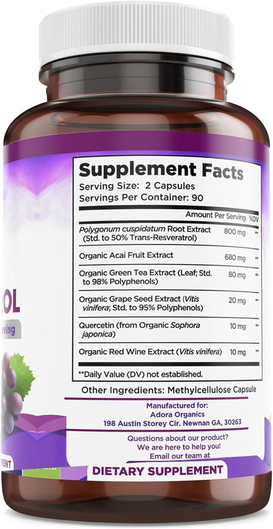Resveratrol 1600Mg, Trans-Resveratrol Antioxidant Supplement With Green Tea, Grape Seed Extract And Quercetin, Helps To Support Digestive Health And Immune System, 180 Capsules