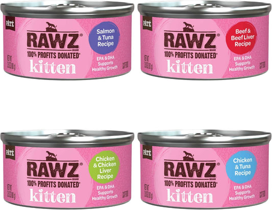 Rawz Natural Premium Kitten Pate Canned Cat Wet Food -12 Pack Cans Variety Flavor Bundle Pack -4 Flavors - (Salmon, Chicken, Tuna, Beef) With Hotspot Pets Can Lid - (2.8 Oz Cans)