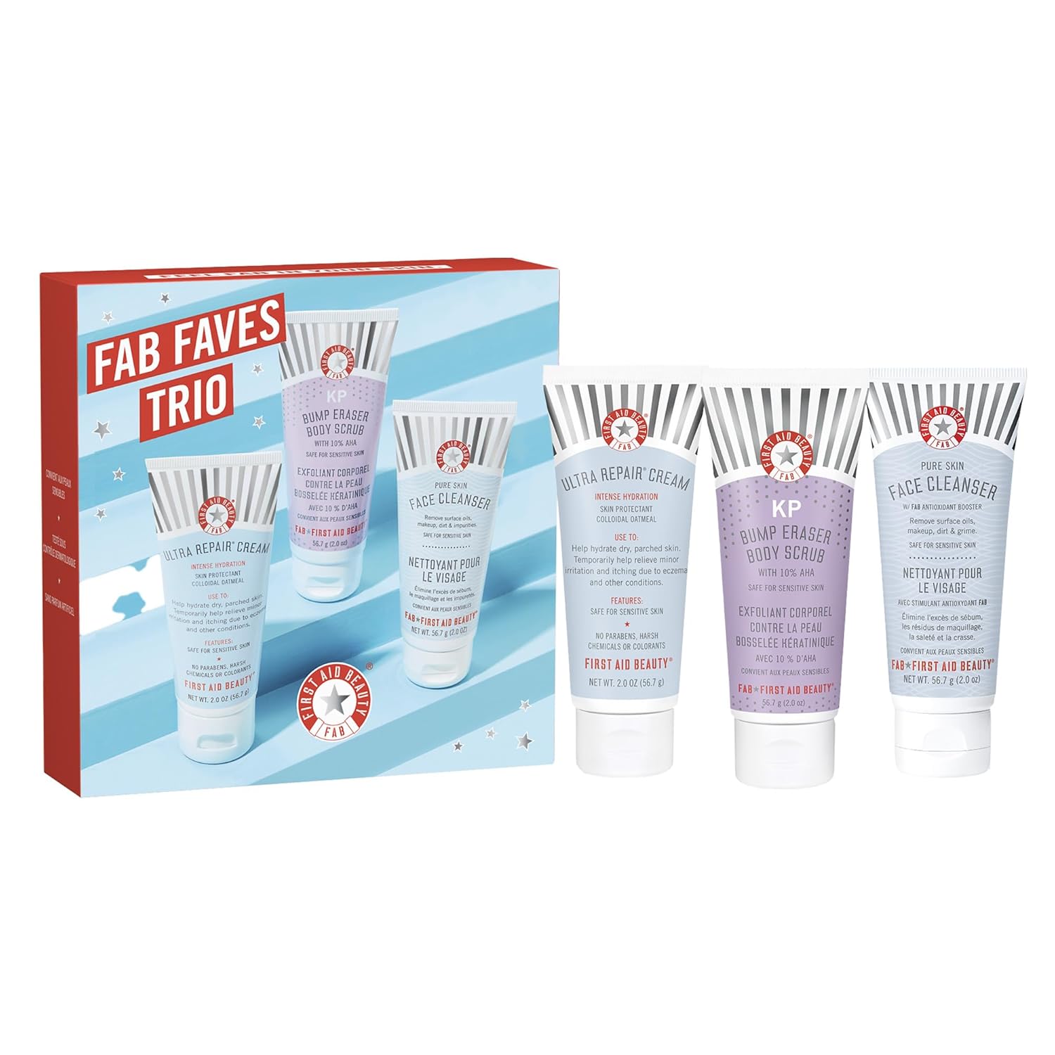 First Aid Beauty Fab Faves Trio: Cleanse & Hydrate Dry, Distressed Skin With Travel Size Essentials, Kp Bump Eraser Body Scrub With 10% Aha, Ultra Repair Cream & Pure Skin Face Cleanser (2 Oz, 3Ct)
