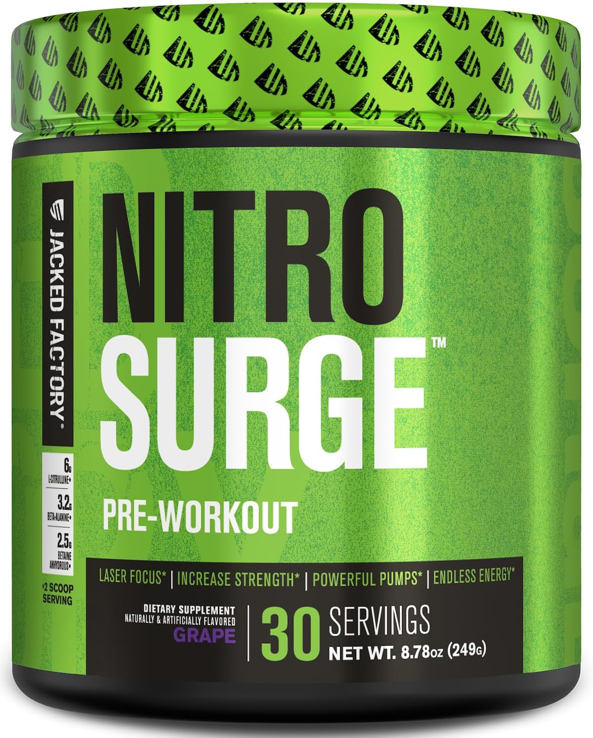 Jacked Factory Nitrosurge Pre Workout Supplement - Endless Energy, Instant Strength Gains, Clear Focus, Intense Pumps - Nitric Oxide Booster & Powerful Preworkout Energy Powder - 30 Servings, Grape