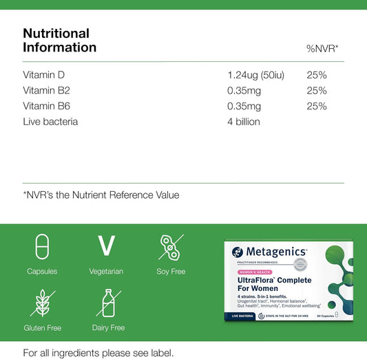 Metagenics Ultraflora Complete For Women - Daily Probiotic - 5-In-1 Benefits - 4 Strains - 30 Vegetarian Capsules