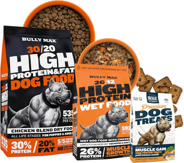 Bully Max Ultimate Dog Nutrition Bundle - High Protein Natural Dry Dog Food 15 Lbs, Wet Food 2 Lbs. Makes 5.5 Lbs And Training Treats For Puppies & Adult Dogs, Small & Large Breeds - Chicken Flavor