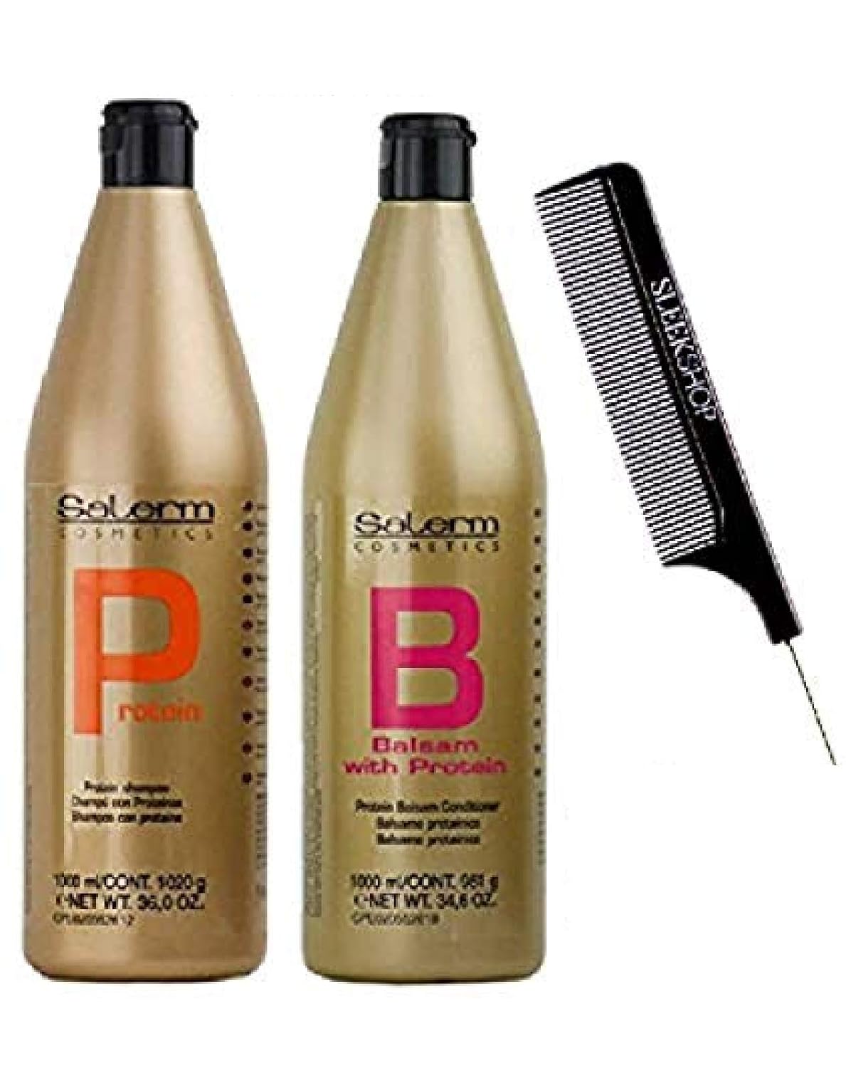 Salerm Cosmetics Protein Shampoo & Protein Balsam Conditioner Duo Set (Wtih Sleek Steel Pin Tail Comb) Keratin Silk Protein (36 Oz + 34.6 Oz - Xxl Combo Kit)