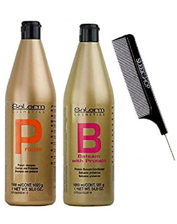 Salerm Cosmetics Protein Shampoo & Protein Balsam Conditioner Duo Set (Wtih Sleek Steel Pin Tail Comb) Keratin Silk Protein (36 Oz + 34.6 Oz - Xxl Combo Kit)