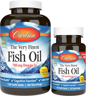 Carlson - The Very Finest Fish Oil, 700 mg Omega-3s, Norwegian Fish Oil Supplement, Wild Caught Omega-3 Fish Oil, Sustainably Sourced Fish Oil Capsules, Omega 3 Supplement, Lemon, 120+30 Softgels