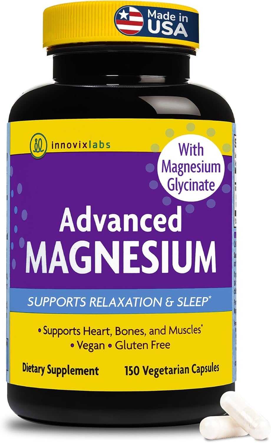 Innovixlabs Advanced Magnesium Capsules - 150 Ct, 210 Mg - Chelated Magnesium Glycinate And Malate, High Absorption, Promotes Relaxation, Bones, Muscle Health, Vegan Magnesium Malate Sleep Supplement