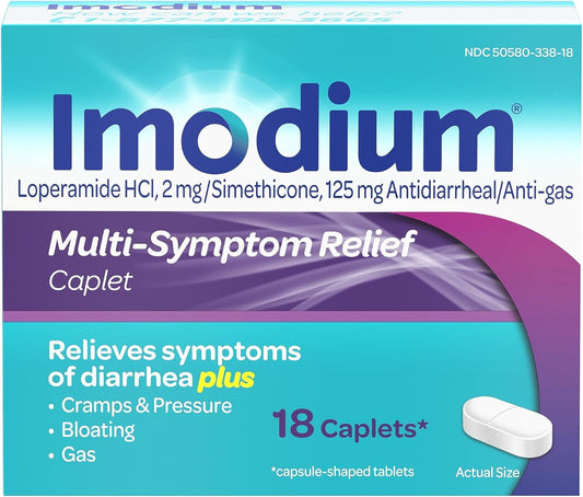 Imodium Multi-Symptom Relief Caplets With Loperamide Hydrochloride And Simethicone, Anti-Diarrheal Medicine For Treatment Of Diarrhea, Gas, Bloating, Cramps & Pressure, 18 Ct