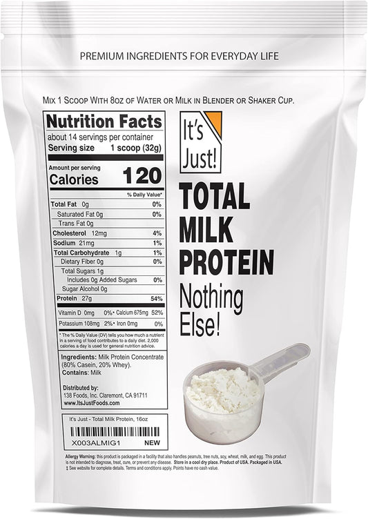 It'S Just! - Milk Protein Concentrate, Contains 80% Casein / 20% Whey, No Added Sugar (1 Pound (Pack Of 1), Unflavored)