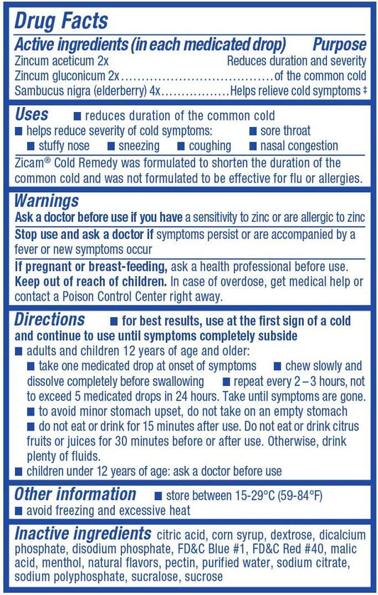 Zicam Cold Remedy Zinc Medicated Fruit Drops, Elderberry, Homeopathic, Cold Shortening Medicine, Shortens Cold Duration, 25 Count : Health & Household