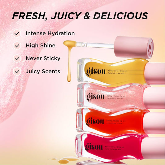 Gisou Honey Infused Hydrating Lip Oil, Nourishing Lip Moisturizer For Dry Lips, High Shine, Smooth Finish, Clear Pink Shimmer Shade, Fresh Watermelon Scent, Watermelon Sugar, 8Ml