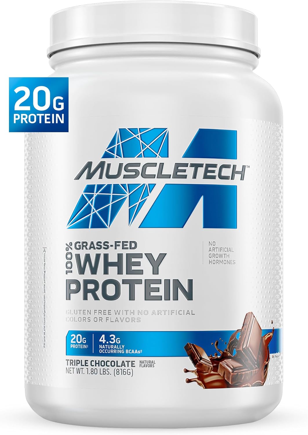 Muscletech Grass Fed Whey Protein Powder For Muscle Gain, Growth Hormone Free, Non-Gmo, Gluten Free, 20G Protein + 4.3G Bcaa, Triple Chocolate, 1.8 Lbs