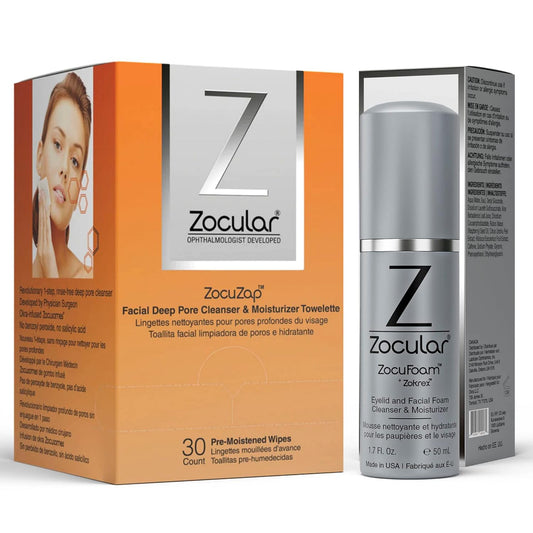 Zocuzap Facial Wipes, 30 Count + Zocular Zocufoam Eyelid Cleanser Bundle