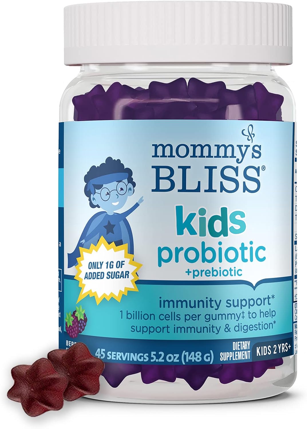 Mommy’S Bliss Kids Probiotic + Prebiotic Gummies, Supports Immunity & Digestive Health, 1 Billion Cfu Per Gummy, Berry Flavor, Ages 2 Years+, 45 Count