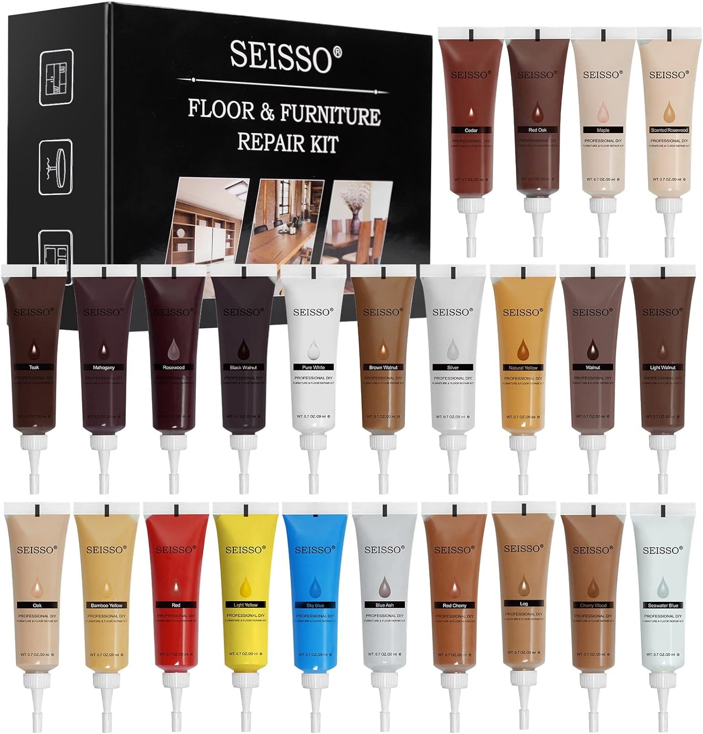 SEISSO Furniture Repair Kit, Wood Floor Repair Kit Furniture Touch Up Kit Cover Wood Scratch Restorer Filler for Wooden Floor, Table, Door, Cabinet, with 24 Brushes, 2 Scrapers (24 Colors (set of 50?)