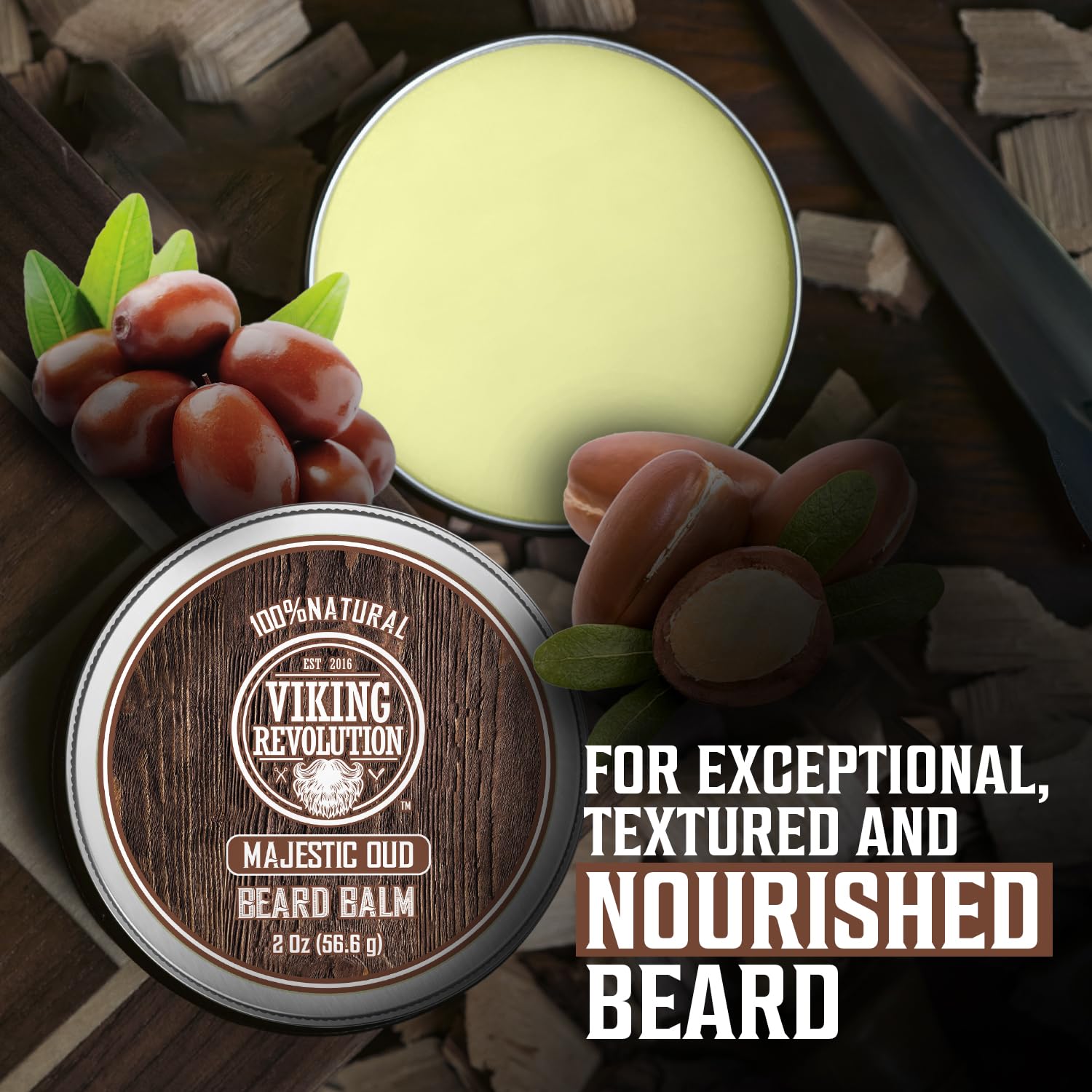 Viking Revolution Majestic Oud Beard Balm - Beard Butter with Argan Oil, Beard Softener for Men with Jojoba Oil - Beard Moisturizer for Men with Beeswax - Beard Wax for Men (2oz, 2 Pack) : Beauty & Personal Care