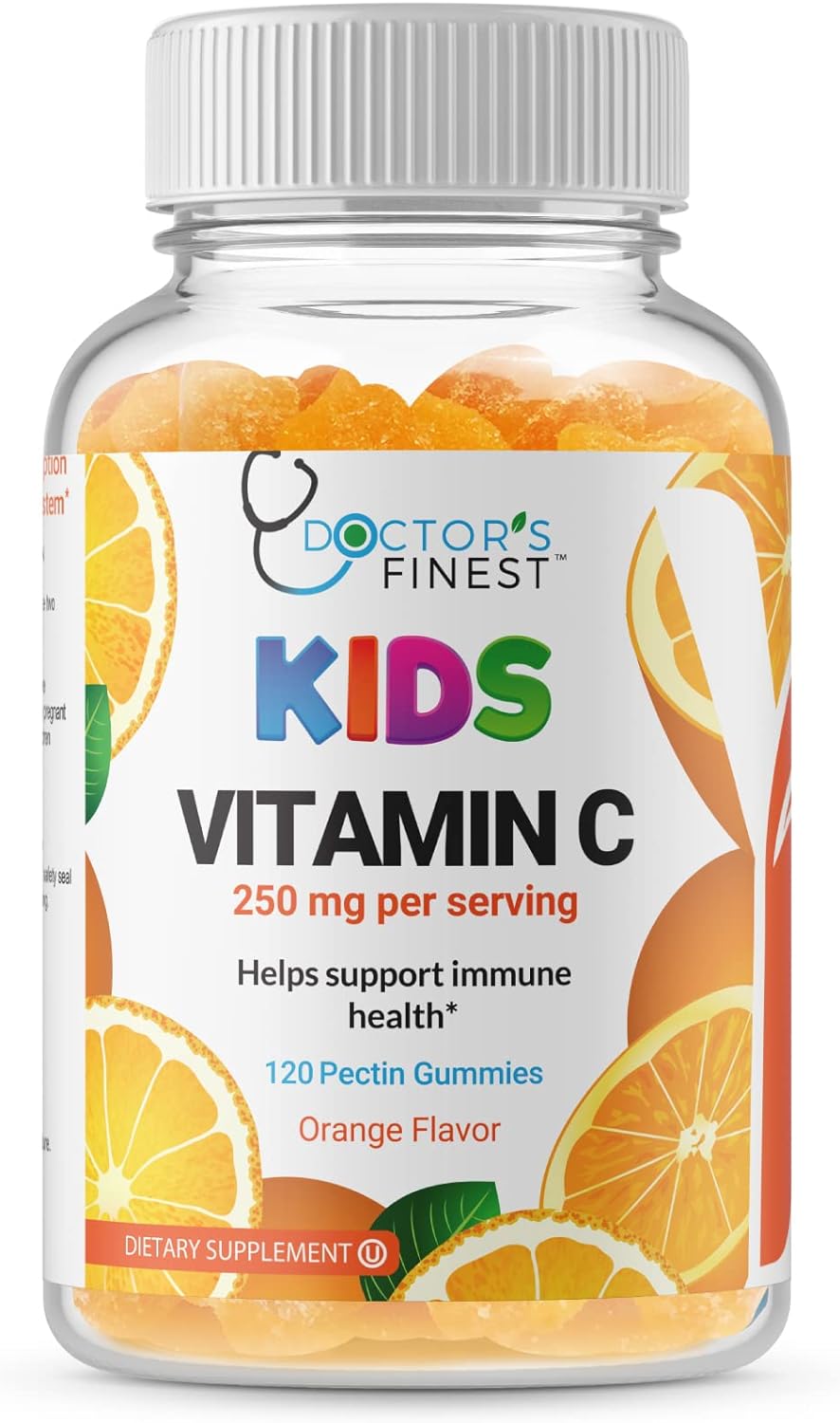 DOCTOR'S FINEST Vitamin C Gummies for Kids - Vegan, GMO Free & Gluten Free - Great Tasting Orange Flavor Pectin Chews - Kids Dietary Supplement - 250 mg of Vitamin C 60 Jellies [30 Doses]